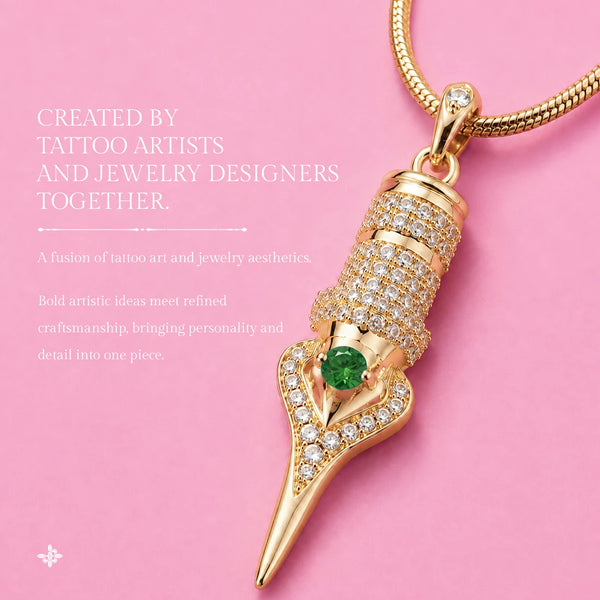 EMERALD Diamanté Tattoo Cartridge Pendant & Necklace - Faviamo 24K Gold Plated