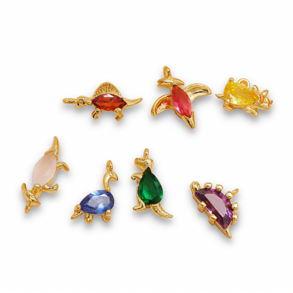 Gold Plated Set of 7 Crystal Dinosaur Charms - DIY Jewelry